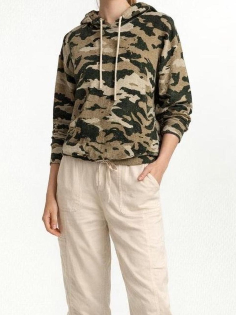 100% Cashmere Green Camouflage Hoodie Cardigan Sweater Size XS